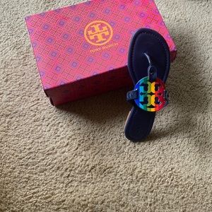 Tory Burch Leather/Patent Leather, Bright Rainbow Royal Navy with Bag Size 7